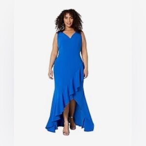 Adrianna Papell Blue Asymmetrical Ruffle Gown